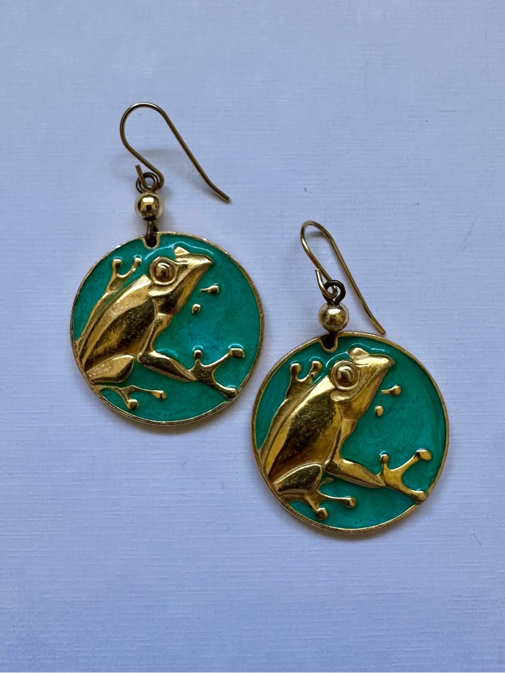 Berebi Gold Tone Frog Enamel Drop Earrings in Teal